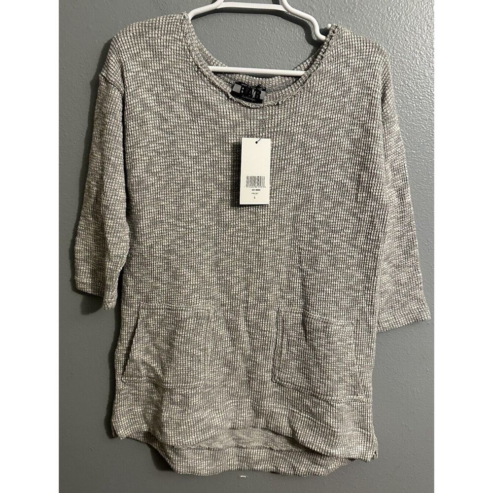 BAR by Melis Kozan Women Size Small Gray Pullover Sweater 1/2 Sleeve Pockets NWT